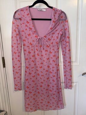 Pink Butterfly Mesh Long Sleeve Tie-Front Dress